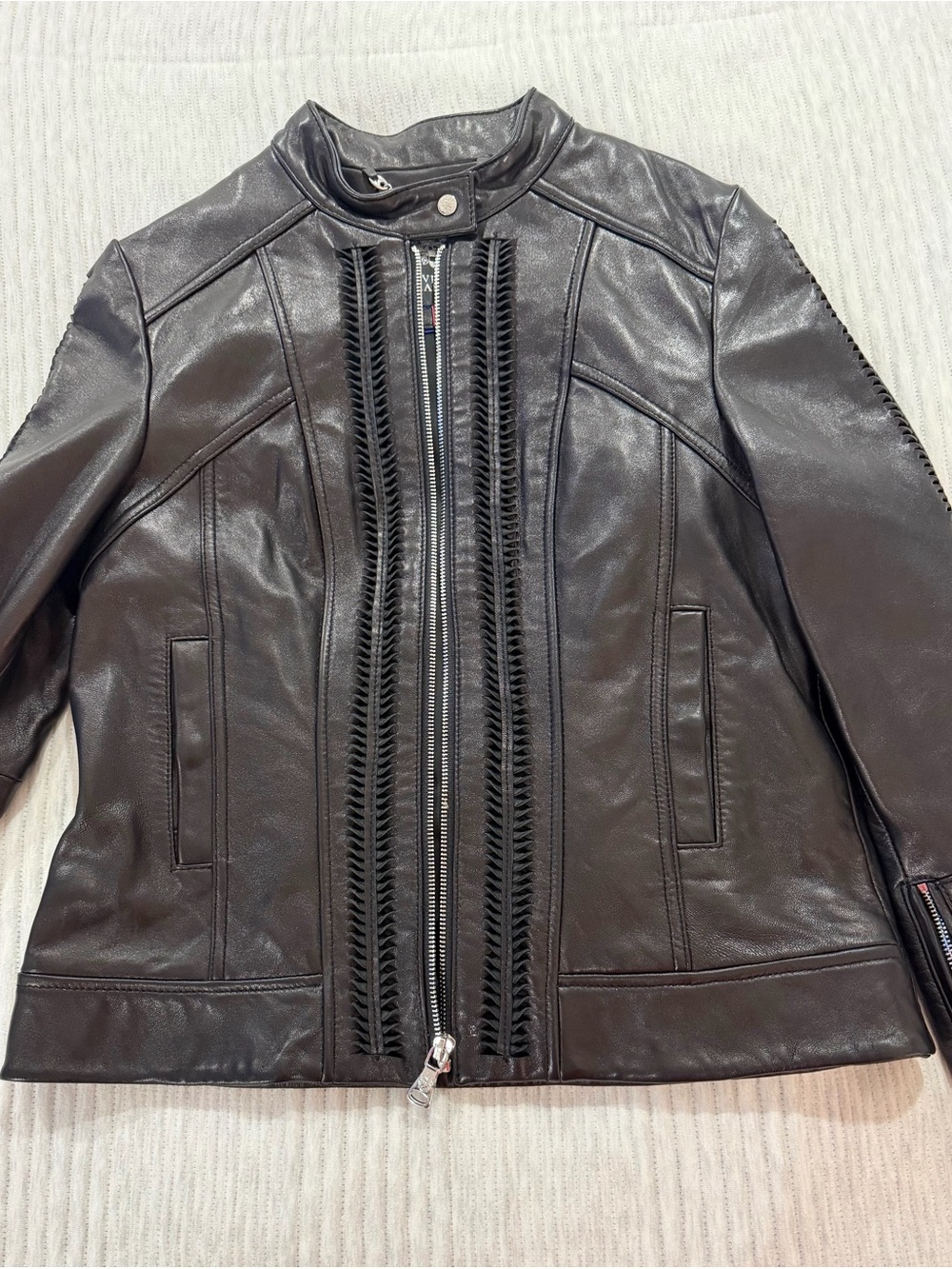 Vince Camuto Black Leather Zip-Front Jacket with Braided Trim